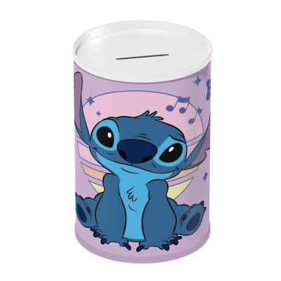 Cofre cilindrico com personagem Stitch azul em fundo lilás.