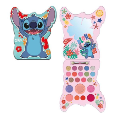 Paleta de maquilhagem Stitch azul com espelho, pincel e várias sombras coloridas, decorada com flores e estrelas do mar.