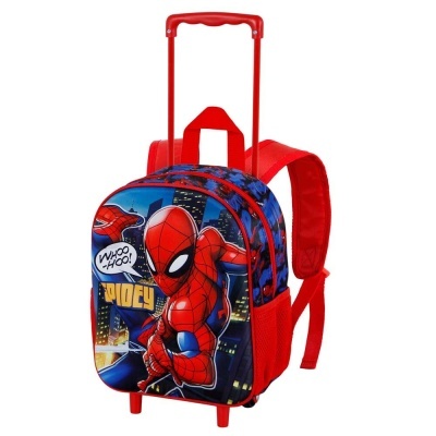 Mochila infantil com carrinho e estampa do Homem-Aranha em vermelho e azul