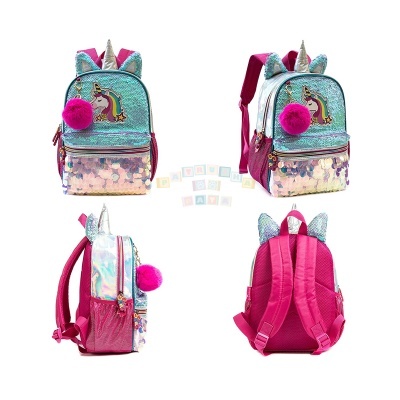 Mochila infantil azul e rosa com unicórnio e pompom