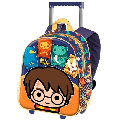 Mochila infantil de rodas com personagem do Harry Potter em cores azul, laranja e amarelo