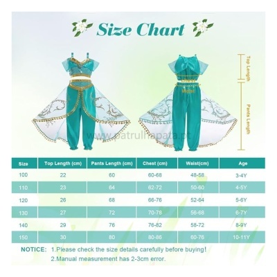 Conjunto infantil azul-turquesa com detalhes dourados e gráfico de tamanhos e medidas