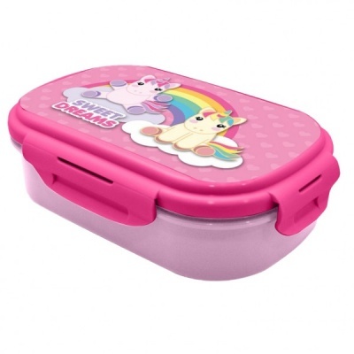 marmita rosa com tampa decorada com unicórnios e arco-íris