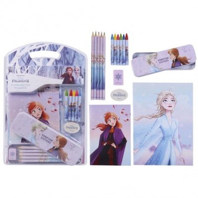 Conjunto de material escolar Frozen II com lápis, caderno, estojo, borracha e apontador decorados com imagens de Elsa e Anna.