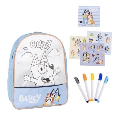 Mochila infantil Bluey com frontal para colorir, marcadores e autocolantes