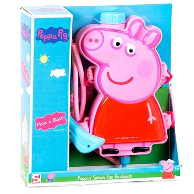 Mochila Peppa Pig rosa e vermelha em caixa azul e verde