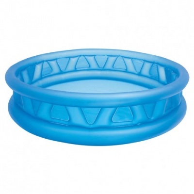 Piscina insuflável azul circular com desenhos triangulares