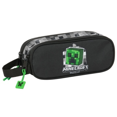 Estojo escolar preto com padrão cinzento e logo Minecraft com cabeça Creeper e texto 15 YEARS