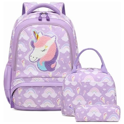 Mochila lilás com aplique de unicórnio e padrão de arco-íris com mala e estojo combinando
