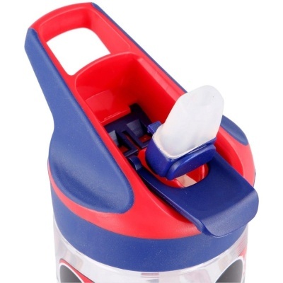 Garrafa de água desportiva azul e vermelha com bico translúcido dobrável