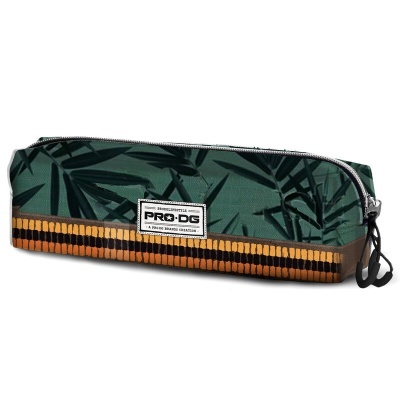 Estojo retangular verde escuro com padrão de folhas negras e base em padrão laranja e castanho