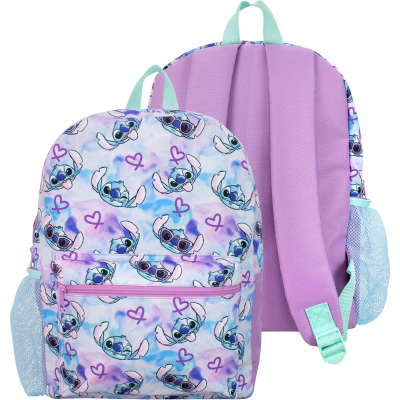 Mochila infantil azul e lilás com padrão de Stitch e corações, com alças lilás e bolsos laterais de rede azul