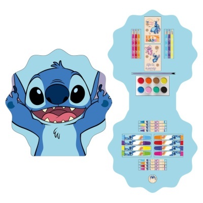 Estojo de desenho azul formato Stitch com canetas, lápis de cor e aquarela com tema Stitch