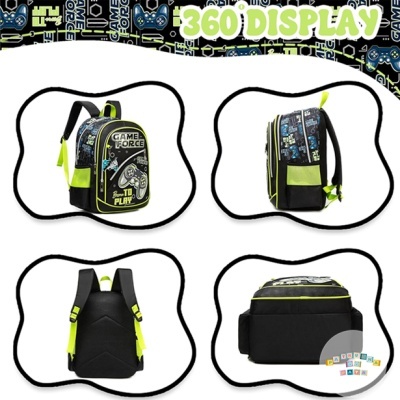 Mochila infantil preta e verde com padrão de videojogos vista de vários ângulos
