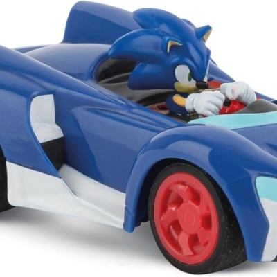 Carrinho de brinquedo azul com figura Sonic