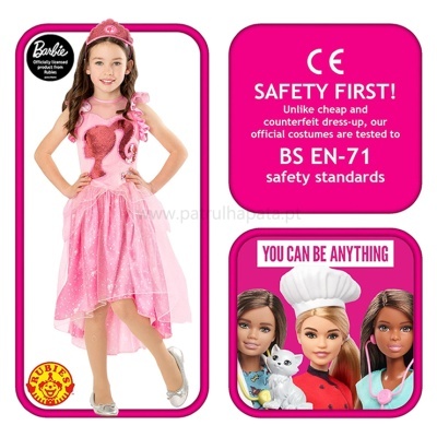 Fantasia infantil Barbie rosa com coroa, embalagem com texto de segurança em inglês