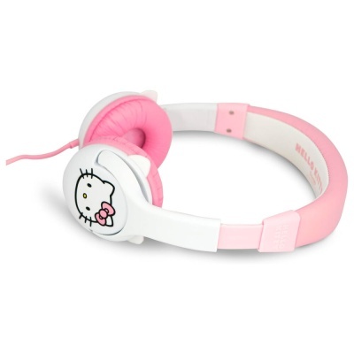 Auscultadores brancos e rosa com Hello Kitty e texto HELLO KITTY