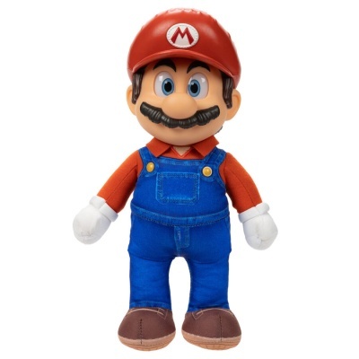 Boneco de peluche Mario com roupa vermelha e azul em fundo branco