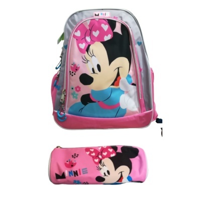Mochila e estojo cor-de-rosa e cinza com estampa da Minnie