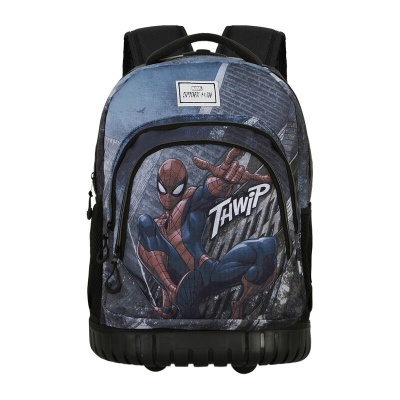 Mochila azul e preta com estampa do Homem-Aranha e palavra THWIP