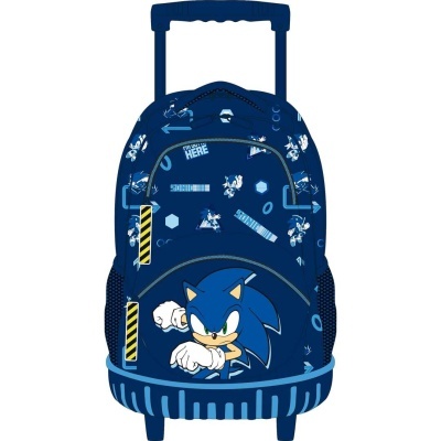 Mochila azul escura de rodinhas com ilustração do Sonic