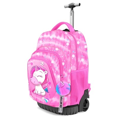 Mochila de rodinhas rosa com unicórnio e estrelas brancas