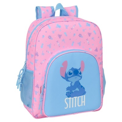 mochila infantil rosa e azul com personagem Stitch e padrão floral e abacaxi