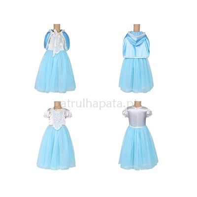 Vestido azul claro de criança com saia em tule e capuz destacável, visto de frente e atrás