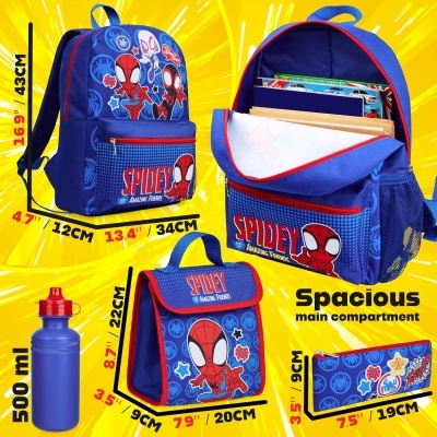 Mochila, bolsa térmica e estojo do Spider-Man azuis e vermelhos com estampas do personagem e logotipo Spidey.