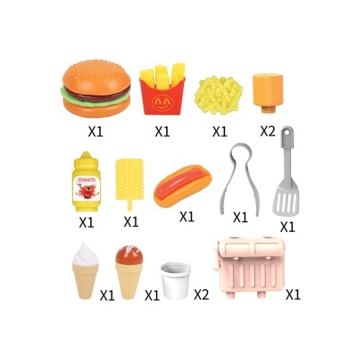 Brinquedos de alimentos e utensílios de churrasco em plástico colorido