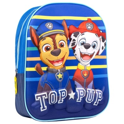 Mochila infantil azul com cães da Patrulha Pata e texto TOP PUP