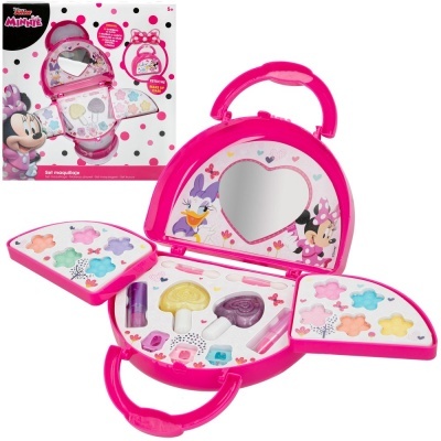 Estojo de maquilhagem infantil cor-de-rosa com tema Minnie e espelho em forma de coração