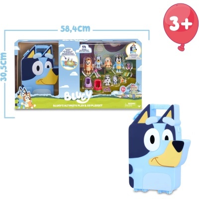 Conjunto de brinquedos Bluey com figuras de animais embalado numa caixa retangular