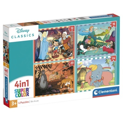 Caixa de puzzle Disney Classics 4 em 1 com 4 imagens coloridas dos filmes clássicos em peças variadas.