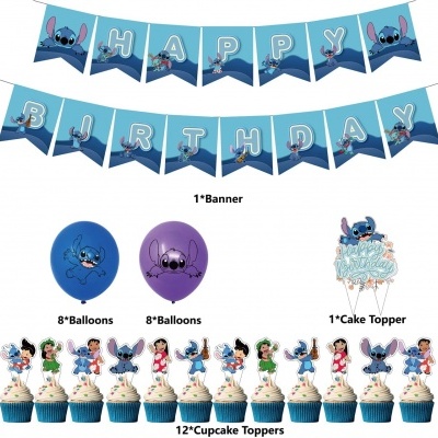 Decoração de aniversário com faixa HAPPY BIRTHDAY, balões, topper para bolo e toppers para cupcakes tema Stitch