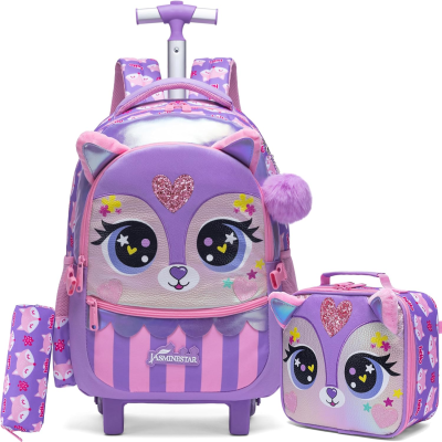Mochila trolle, lancheira e estojo com padrão de raposa roxa e rosa