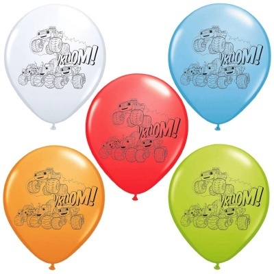 Balões coloridos com desenho de carrinhos e texto VROOM!