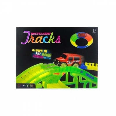 Caixa de pista de corrida noctiluzente com carrinho e pista verde neón