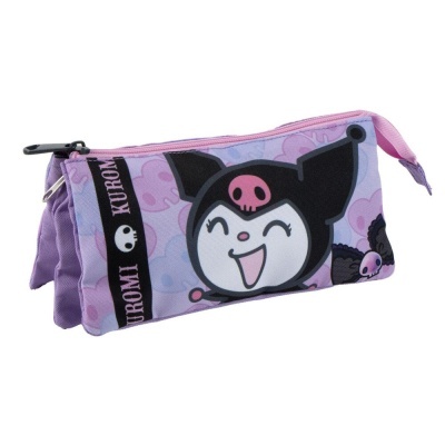 Estojo escolar rosa e lilás com estampa da personagem Kuromi e fecho rosa