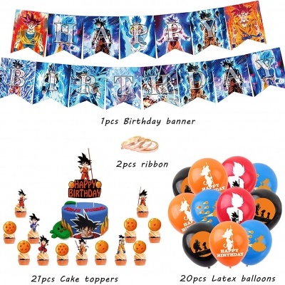 Conjunto decorativo de aniversário com bandeirolas Happy Birthday, fitas, toppers para bolo e balões coloridos de látex com personagens.