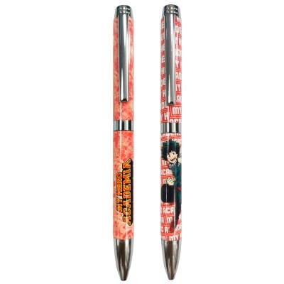 Caneta esferográfica vermelha e branca com personagem de anime e texto MY HERO ACADEMIA