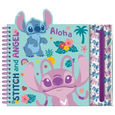 Livro de atividades Stitch and Angel com estojo transparente e fecho roxo