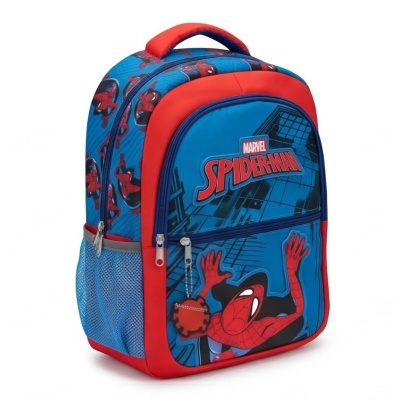 Mochila escolar azul e vermelha com tema Spider-Man da Marvel