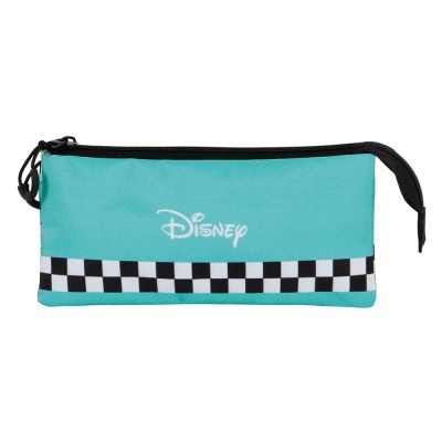 Estojo escolar Disney azul turquesa com padrão xadrez e fecho preto