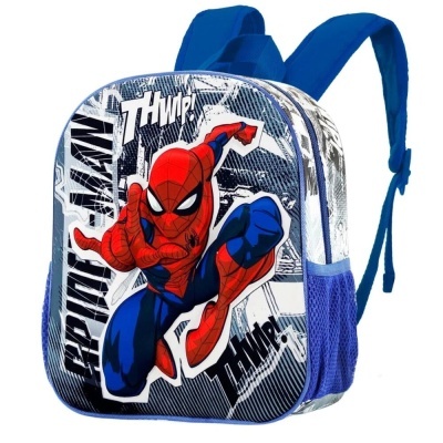 Mochila azul infantil com Spider-Man e texto em estilo banda desenhada.