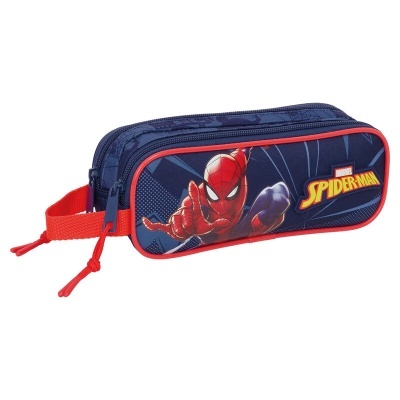 Estojo escolar azul com personagem Spider-Man e texto MARVEL SPIDER-MAN