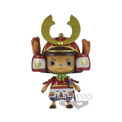 Figura samurai colecionável com capacete dourado e armadura vermelha