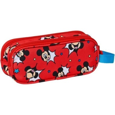 Estojo escolar vermelho com estampado do Mickey Mouse e pega azul