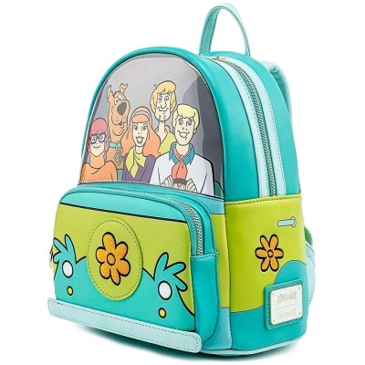 Mochila pequena Scooby-Doo verde água e amarelo com personagens estampados