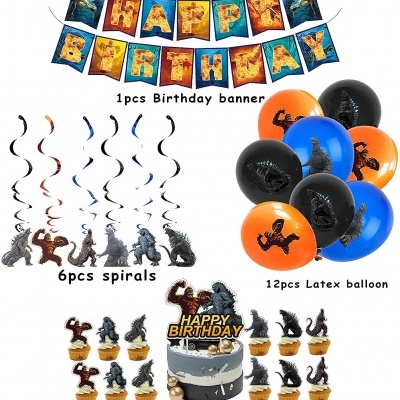 Conjunto de aniversário com banner, espirais, balões e toppers com tema de monstros
